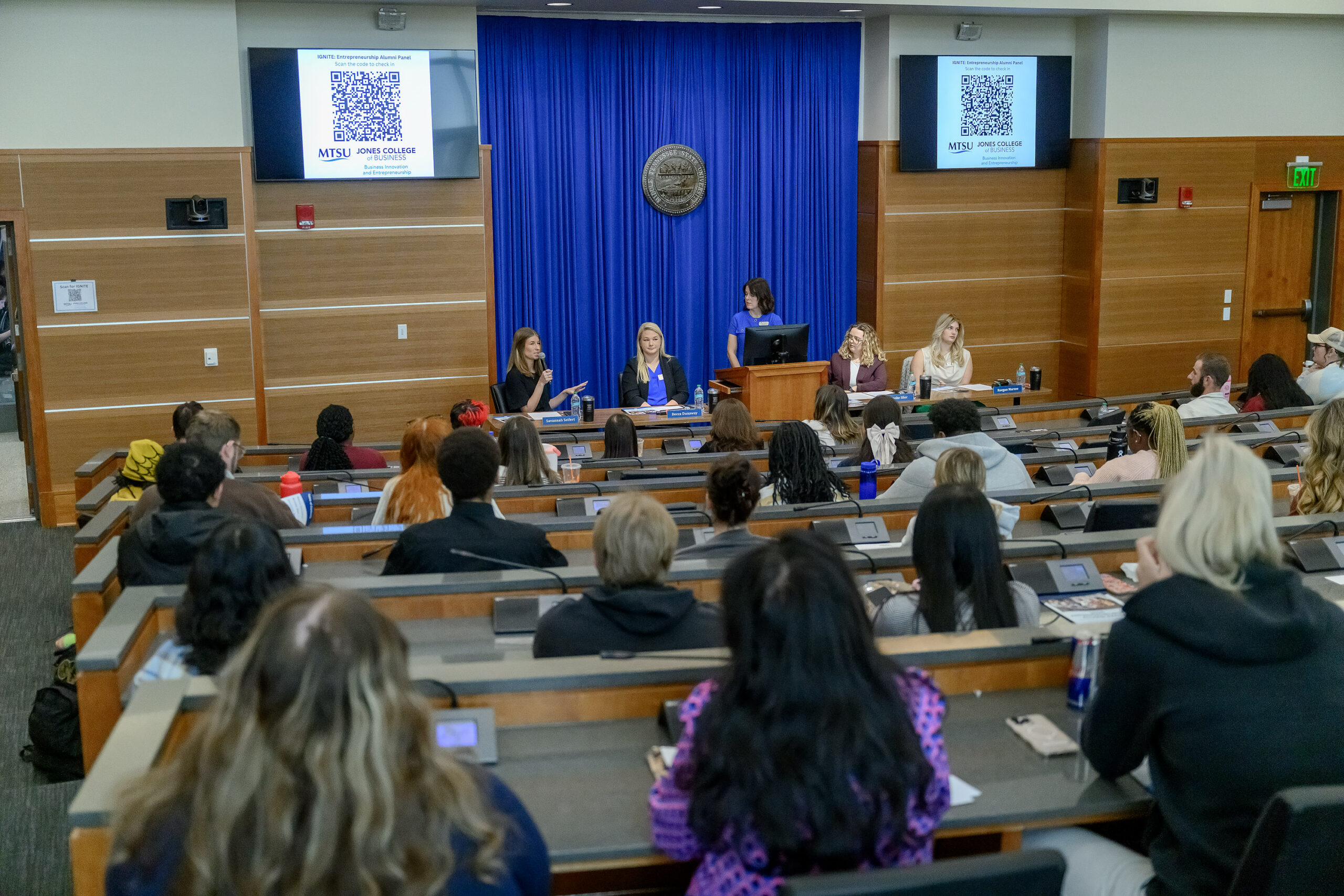 Entrepreneurship Alumni Panel
Business. Entrepreneurship, Alumni, Guest, Speaker, Panel, STU
Kristen Shanine, Chair, Pam Wright Chair of Entrepreneurship hosts an event featuring a panel discussion in the Student Union Building Parliamentary room where successful alumni entrepreneurs and graduates from the Innovation and Entrepreneurship Program share their stories of starting and growing businesses, overcoming challenges, and leveraging connections. ..Savannah Seifert, Becca Dunaway, Brooke Siler, and Reagan Marsee